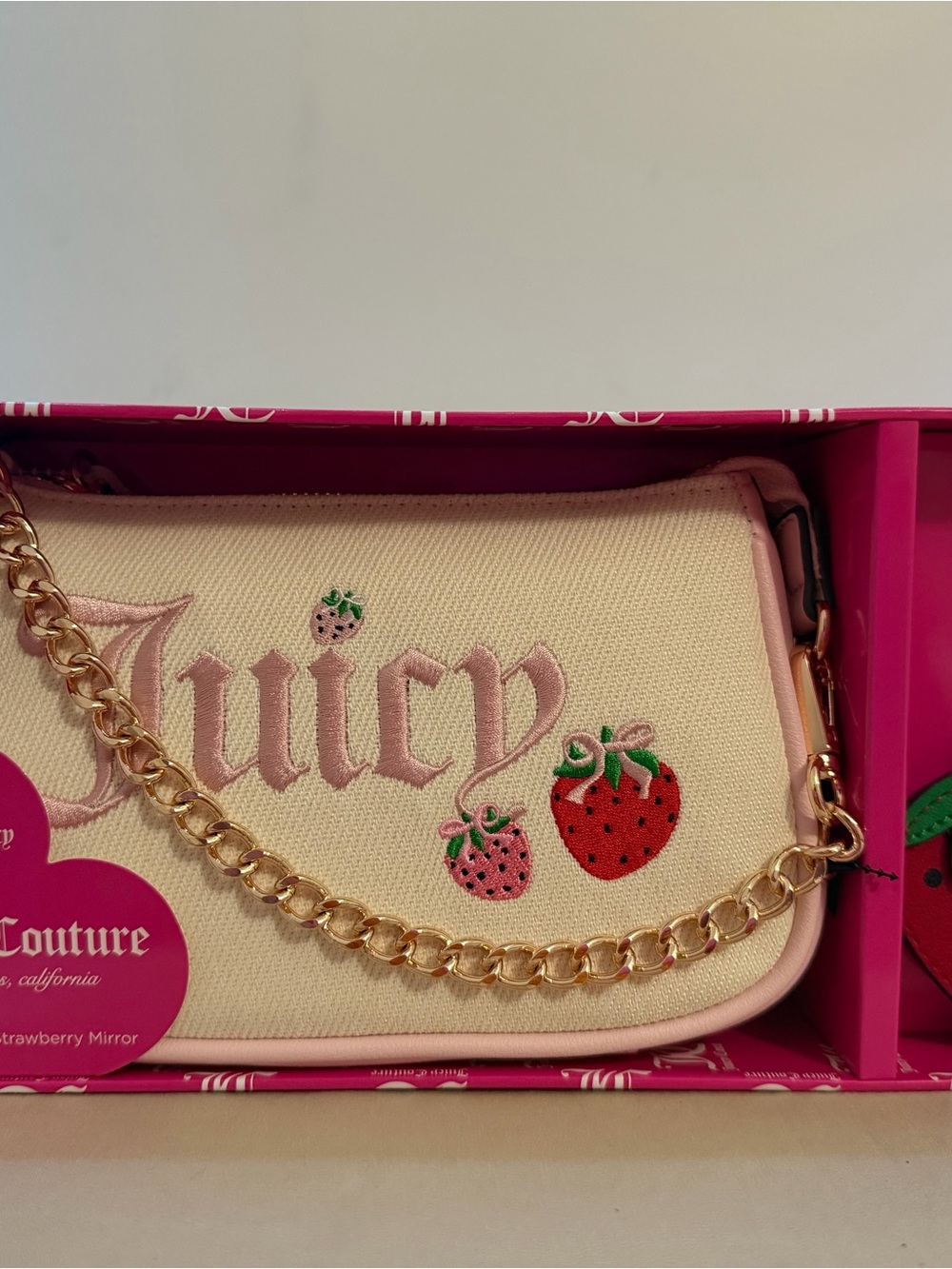 Juicy Couture Cream Canvas Strawberry Embroidered Shoulder Bag with Gold Chain
